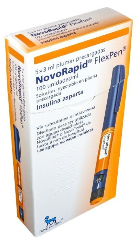 INSULINA NOVORAPID FLEXPEN 100 U/ML 5 PLUMAS 3 ML, DIABETES TIPO 1 Y 2.