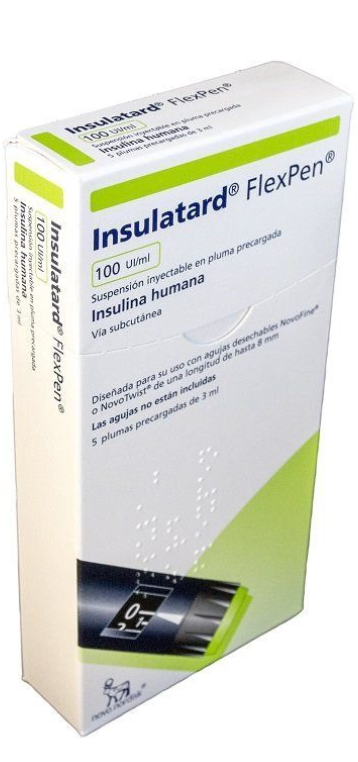 INSULINA INSULATARD FLEXPEN 100 UI/Ml 5 PLUMAS 3 ML, DIABETES TIPO 1 Y 2.
