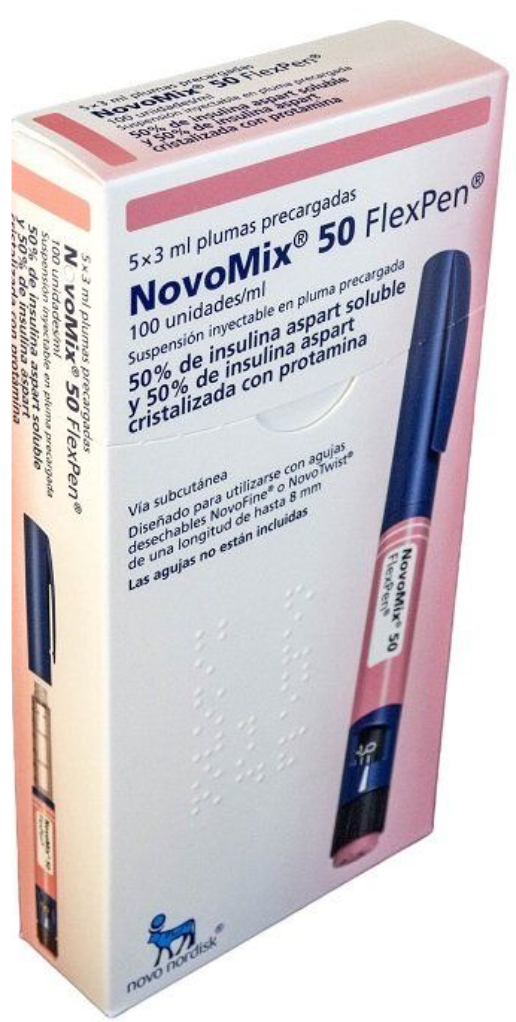 INSULINA NOVOMIX 50 FLEXPEN 100 U/ML 5 PLUMAS 3 ML, DIABETES TIPO 1 Y 2.
