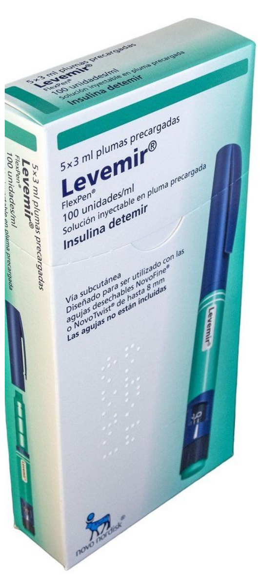 INSULINA LEVEMIR FLEXPEN 100 U/ML 5 PLUMAS PRECARGADAS 3 ML, DIABETES TIPO 1 Y 2.